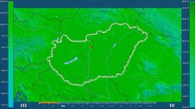Animasyonlu efsanesi - parlayan şekli, idari sınırları, ana şehirler, sermaye ile Macaristan alanında maksimum sıcaklık aya göre. Sterografik projeksiyon