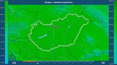 Aya göre maksimum sıcaklık animasyonlu efsanesi - İngilizce etiketleri ile Macaristan alanında: ülke ve sermaye adları, açıklama göster. Sterografik projeksiyon