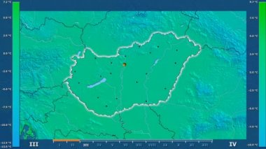 Animasyonlu efsanesi - parlayan şekli, idari sınırları, ana şehirler, sermaye ile Macaristan alanında minimum sıcaklığı aya göre. Sterografik projeksiyon