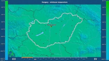 Animasyonlu efsanesi - İngilizce etiketleri ile Macaristan alanında aya göre minimum sıcaklığı: ülke ve sermaye adları, açıklama göster. Sterografik projeksiyon