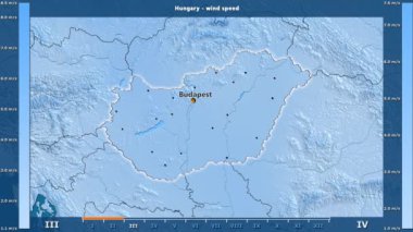 Rüzgar hızı aya göre animasyonlu efsanesi - İngilizce etiketleri ile Macaristan alanında: ülke ve sermaye adları, açıklama göster. Sterografik projeksiyon