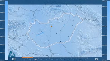 Hız animasyonlu efsanesi - parlayan şekli, idari sınırları, ana şehirler, sermaye ile Macaristan alanında aya göre rüzgar. Sterografik projeksiyon