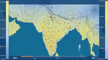Animasyonlu efsanesi - parlayan şekli, idari sınırları, ana şehirler, sermaye ile Hindistan bölgesinde güneş radyasyonu aya göre. Sterografik projeksiyon