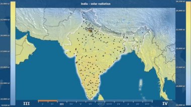 Aya göre güneş radyasyonu animasyonlu gösterge - İngilizce etiketleri Hindistan bölge: ülke ve sermaye adları, açıklama göster. Sterografik projeksiyon