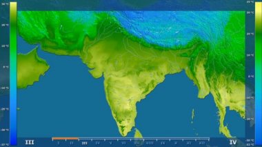Animasyonlu efsanesi - ham renk shader ile Hindistan alanında ortalama sıcaklık aya göre. Sterografik projeksiyon