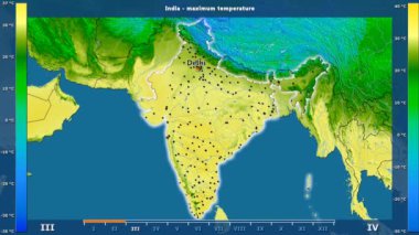 Aya göre maksimum sıcaklık animasyonlu gösterge - İngilizce etiketleri Hindistan bölge: ülke ve sermaye adları, açıklama göster. Sterografik projeksiyon
