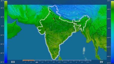 Animasyonlu efsanesi - parlayan şekli, idari sınırları, ana şehirler, sermaye ile Hindistan alanında minimum sıcaklığı aya göre. Sterografik projeksiyon