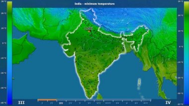 Hindistan alanda animasyonlu gösterge - İngilizce etiketleri ile aya göre minimum sıcaklığı: ülke ve sermaye adları, açıklama göster. Sterografik projeksiyon