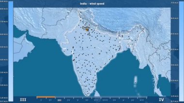 Rüzgar hızı aya göre animasyonlu gösterge - İngilizce etiketleri Hindistan bölge: ülke ve sermaye adları, açıklama göster. Sterografik projeksiyon