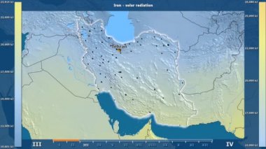 Aya göre güneş radyasyonu animasyonlu efsanesi - İngilizce etiketleri ile Iran alanında: ülke ve sermaye adları, açıklama göster. Sterografik projeksiyon