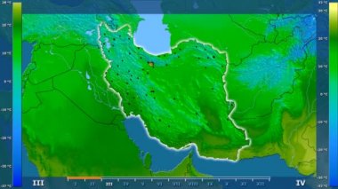 Animasyonlu gösterge - parlayan şekli, idari sınırları, ana şehirler, sermaye ile Iran bölgede ortalama sıcaklık aya göre. Sterografik projeksiyon
