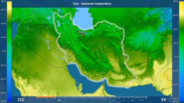 Aya göre maksimum sıcaklık animasyonlu efsanesi - İngilizce etiketleri ile Iran alanında: ülke ve sermaye adları, açıklama göster. Sterografik projeksiyon