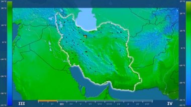Animasyonlu efsanesi - parlayan şekli, idari sınırları, ana şehirler, sermaye ile Iran alanında minimum sıcaklığı aya göre. Sterografik projeksiyon