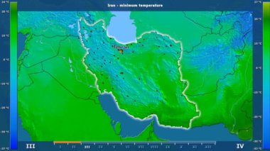 Animasyonlu gösterge - İngilizce etiketleri ile Iran bölgede aya göre minimum sıcaklığı: ülke ve sermaye adları, açıklama göster. Sterografik projeksiyon