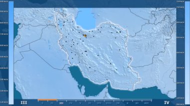 Hız aya göre animasyonlu gösterge - parlayan şekli, idari sınırları, ana şehirler, sermaye ile Iran bölgede rüzgar. Sterografik projeksiyon