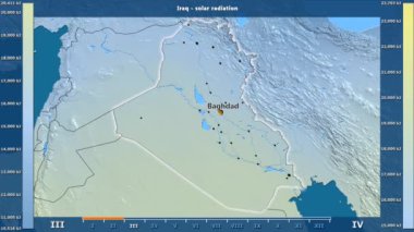 Aya göre güneş radyasyonu animasyonlu efsanesi - İngilizce etiketleri ile Irak bölgesinde: ülke ve sermaye adları, açıklama göster. Sterografik projeksiyon