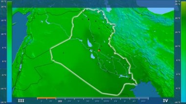 Animasyonlu efsanesi - parlayan şekli, idari sınırları, ana şehirler, sermaye ile Irak bölgesinde ortalama sıcaklık aya göre. Sterografik projeksiyon