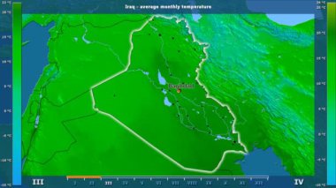 Ortalama sıcaklık ay tarafından animasyonlu efsanesi - İngilizce etiketleri ile Irak bölgesinde: ülke ve sermaye adları, açıklama göster. Sterografik projeksiyon