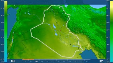 Animasyonlu efsanesi - parlayan şekli, idari sınırları, ana şehirler, sermaye ile Irak bölgesinde maksimum sıcaklık aya göre. Sterografik projeksiyon