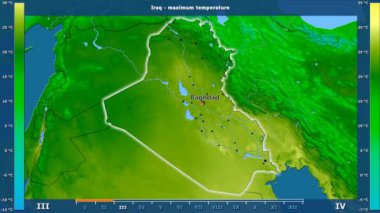Aya göre maksimum sıcaklık animasyonlu efsanesi - İngilizce etiketleri ile Irak bölgesinde: ülke ve sermaye adları, açıklama göster. Sterografik projeksiyon