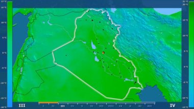 Animasyonlu efsanesi - parlayan şekli, idari sınırları, ana şehirler, sermaye ile Irak alanında minimum sıcaklığı aya göre. Sterografik projeksiyon