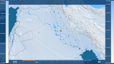 Animasyonlu efsanesi - parlayan şekli, idari sınırları, ana şehirler, sermaye ile Irak bölgesinde su buharı basıncı aya göre. Sterografik projeksiyon