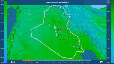 Animasyonlu efsanesi - İngilizce etiketleri ile Irak bölgesinde aya göre minimum sıcaklığı: ülke ve sermaye adları, açıklama göster. Sterografik projeksiyon