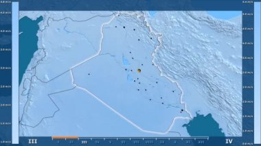 Hız aya göre animasyonlu efsanesi - parlayan şekli, idari sınırları, ana şehirler, sermaye ile Irak bölgesinde rüzgar. Sterografik projeksiyon