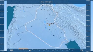 Rüzgar hızı aya göre animasyonlu efsanesi - İngilizce etiketleri ile Irak bölgesinde: ülke ve sermaye adları, açıklama göster. Sterografik projeksiyon