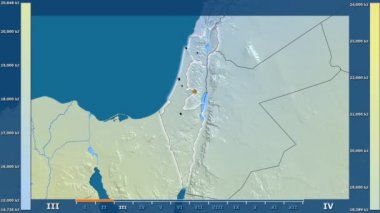 Animasyonlu gösterge parlayan şekli, idari sınırları, ana şehirler, sermaye - İsrail bölge güneş radyasyonu aya göre. Sterografik projeksiyon