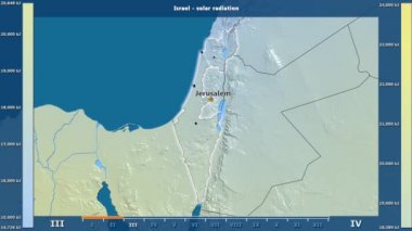 Aya göre güneş radyasyonu animasyonlu gösterge - İngilizce etiketleri İsrail bölge: ülke ve sermaye adları, açıklama göster. Sterografik projeksiyon