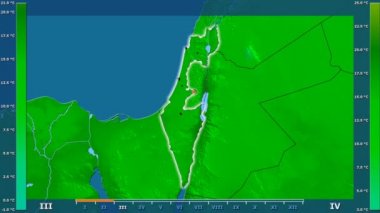 Animasyonlu efsanesi - parlayan şekli, idari sınırları, ana şehirler, sermaye ile İsrail alanında ortalama sıcaklık aya göre. Sterografik projeksiyon