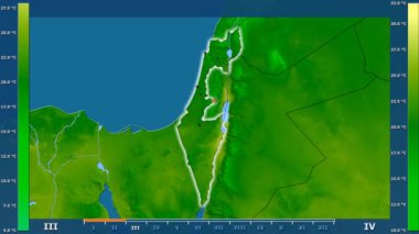 Animasyonlu efsanesi - parlayan şekli, idari sınırları, ana şehirler, sermaye ile İsrail alanında maksimum sıcaklık aya göre. Sterografik projeksiyon