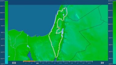 Animasyonlu efsanesi - parlayan şekli, idari sınırları, ana şehirler, sermaye ile İsrail alanında minimum sıcaklığı aya göre. Sterografik projeksiyon