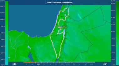 Aya göre minimum sıcaklığı animasyonlu gösterge - İngilizce etiketleri İsrail bölge: ülke ve sermaye adları, açıklama göster. Sterografik projeksiyon