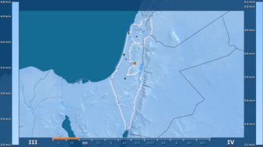 Hız animasyonlu gösterge parlayan şekli, idari sınırları, ana şehirler, sermaye - İsrail bölge aya göre rüzgar. Sterografik projeksiyon
