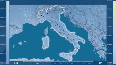 Animasyonlu efsanesi - parlayan şekli, idari sınırları, ana şehirler, sermaye ile İtalya alanında güneş radyasyonu aya göre. Sterografik projeksiyon