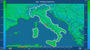 Animasyonlu efsanesi - İngilizce etiketleri ile İtalya alanında aya göre minimum sıcaklığı: ülke ve sermaye adları, açıklama göster. Sterografik projeksiyon