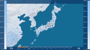 Animasyonlu gösterge - parlayan şekli, idari sınırları, ana şehirler, sermaye ile Japonya bölgede yağış aya göre. Sterografik projeksiyon