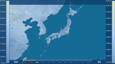 Animasyonlu efsanesi - ham renk shader ile Japonya alanında güneş radyasyonu aya göre. Sterografik projeksiyon