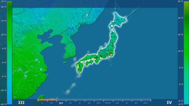 Animasyonlu efsanesi - parlayan şekli, idari sınırları, ana şehirler, sermaye ile Japonya alanında ortalama sıcaklık aya göre. Sterografik projeksiyon