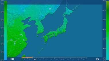 Animasyonlu efsanesi - ham renk shader ile Japonya alanında ortalama sıcaklık aya göre. Sterografik projeksiyon