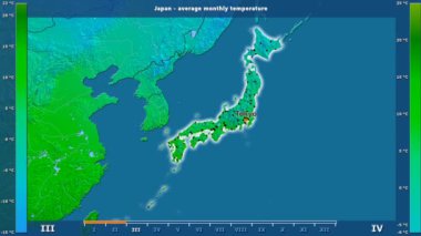 Ortalama sıcaklık ay tarafından animasyonlu efsanesi - İngilizce etiketleri ile Japonya alanında: ülke ve sermaye adları, açıklama göster. Sterografik projeksiyon