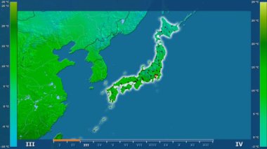 Animasyonlu efsanesi - parlayan şekli, idari sınırları, ana şehirler, sermaye ile Japonya alanında maksimum sıcaklık aya göre. Sterografik projeksiyon