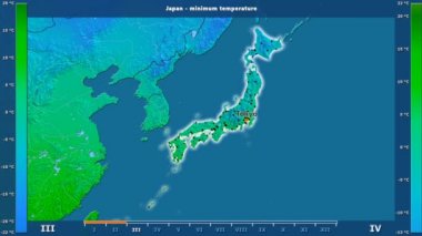 Animasyonlu efsanesi - İngilizce etiketleri ile Japonya alanında aya göre minimum sıcaklığı: ülke ve sermaye adları, açıklama göster. Sterografik projeksiyon