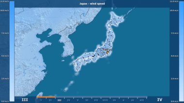 Rüzgar hızı aya göre animasyonlu efsanesi - İngilizce etiketleri ile Japonya alanında: ülke ve sermaye adları, açıklama göster. Sterografik projeksiyon
