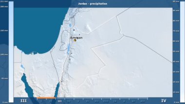 Jordan alanı animasyonlu gösterge - İngilizce etiketleri ile aya göre Yağış: ülke ve sermaye adları, açıklama göster. Sterografik projeksiyon
