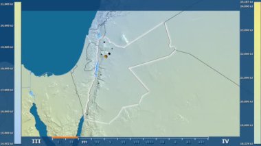 Jordan alanda animasyonlu gösterge - parlayan şekli, idari sınırları, ana şehirler, sermaye ile güneş radyasyonu aya göre. Sterografik projeksiyon