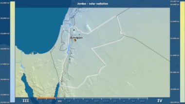Aya göre güneş radyasyonu ile animasyonlu gösterge - İngilizce etiketleri Jordan alanında: ülke ve sermaye adları, açıklama göster. Sterografik projeksiyon