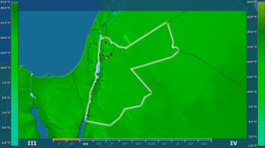 Jordan alanda animasyonlu gösterge - parlayan şekli, idari sınırları, ana şehirler, sermaye ile ortalama sıcaklık aya göre. Sterografik projeksiyon